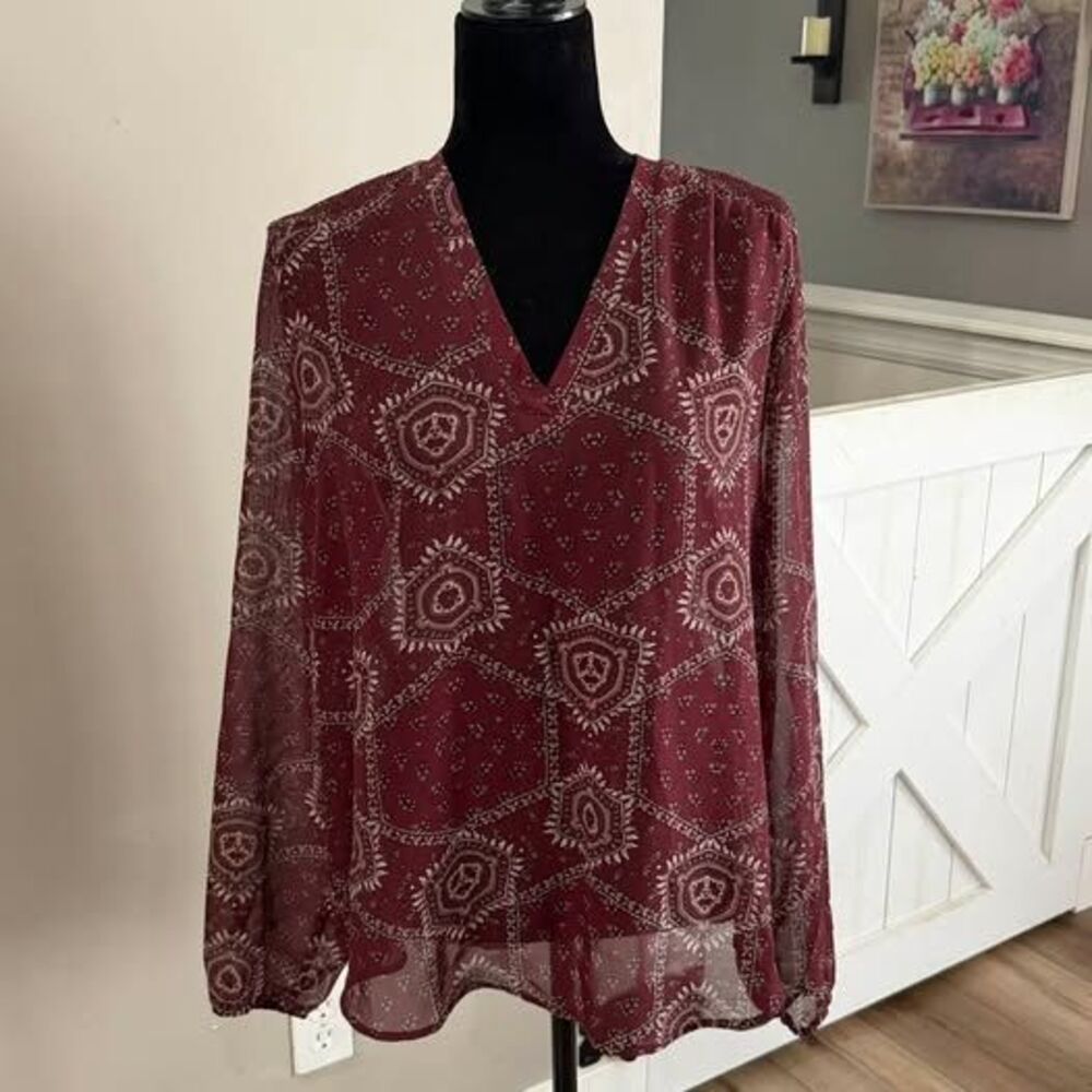 Maurices Maroon Patterned V-Neck Long Sleeve Blouse XL